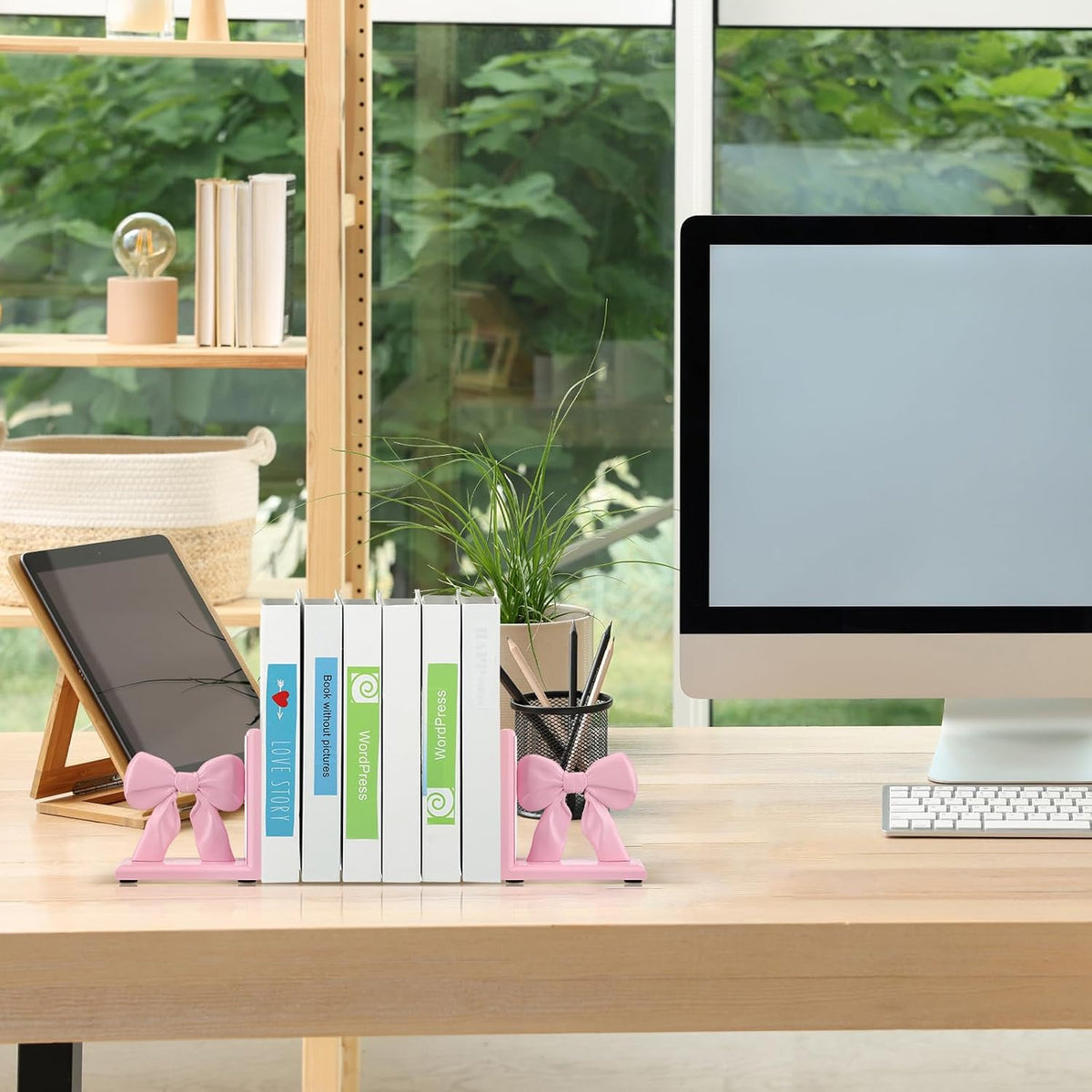 2 Pieces Pink Bow Bookends Cute Book Ends for Shelves