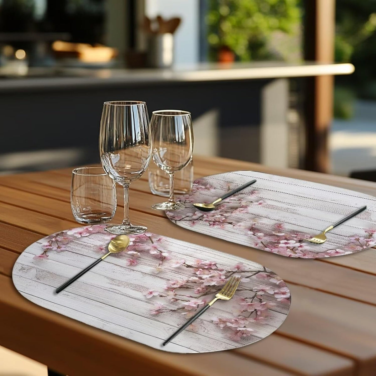 Placemats Set of 2 PU Leather Oval Design Flexible Kitchen Table Mats Wipeable Washable Table Decoration for Kitchen Dining Room Party Indoor Outdoor, Peach Blossom Wood Grain White Pink