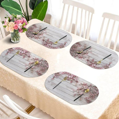 Placemats Set of 2 PU Leather Oval Design Flexible Kitchen Table Mats Wipeable Washable Table Decoration for Kitchen Dining Room Party Indoor Outdoor, Peach Blossom Wood Grain White Pink