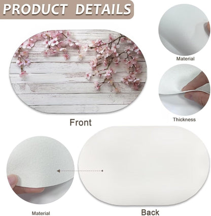 Placemats Set of 2 PU Leather Oval Design Flexible Kitchen Table Mats Wipeable Washable Table Decoration for Kitchen Dining Room Party Indoor Outdoor, Peach Blossom Wood Grain White Pink