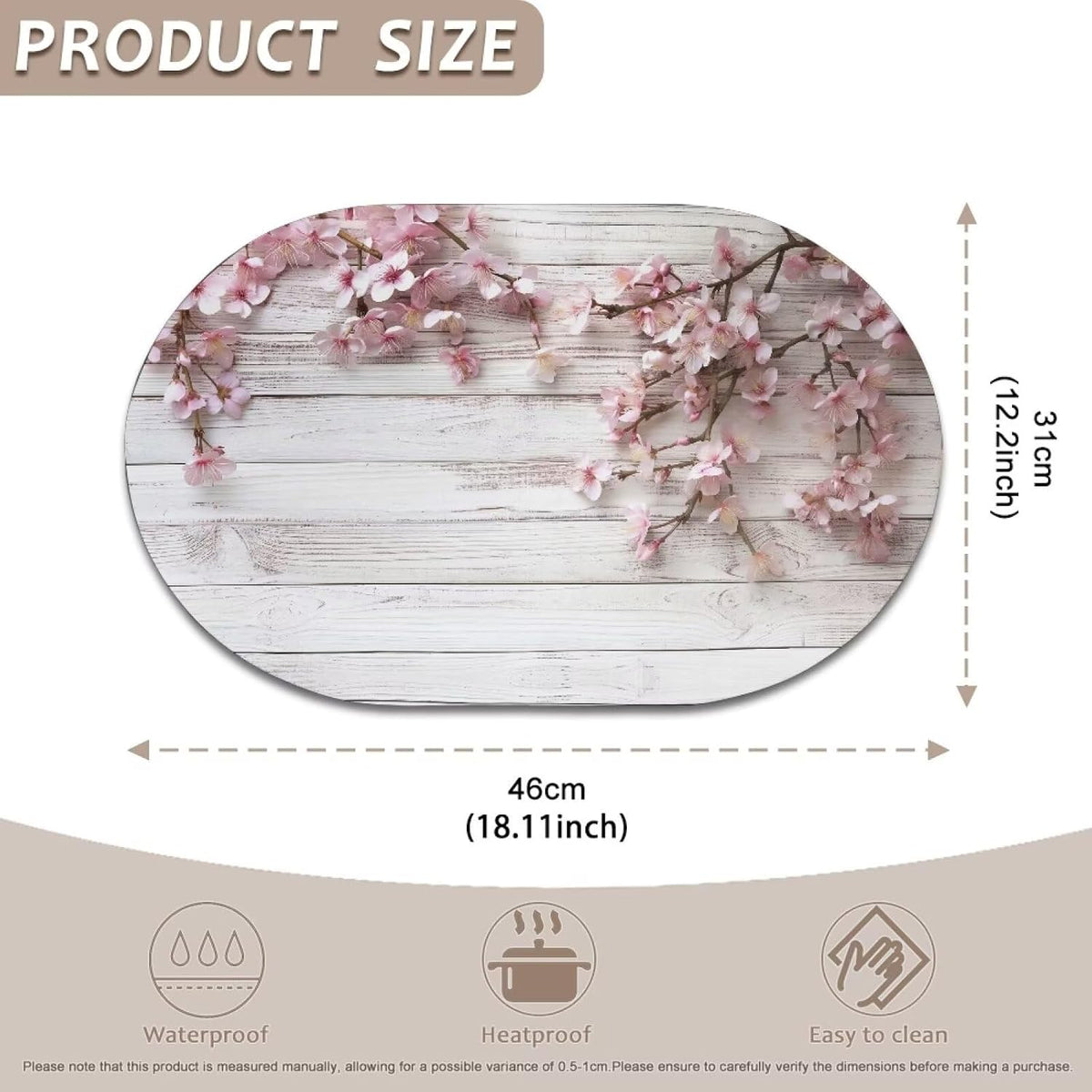 Placemats Set of 2 PU Leather Oval Design Flexible Kitchen Table Mats Wipeable Washable Table Decoration for Kitchen Dining Room Party Indoor Outdoor, Peach Blossom Wood Grain White Pink