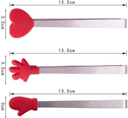 2Pcs Pink Mini Hand Shape Tong Silicone Food Tongs Stainless Steel Kitchen Tongs Small Kids for Sugar Cubes, Serving Food, Salad Buffet Cooking Utensils (Heart Shape)