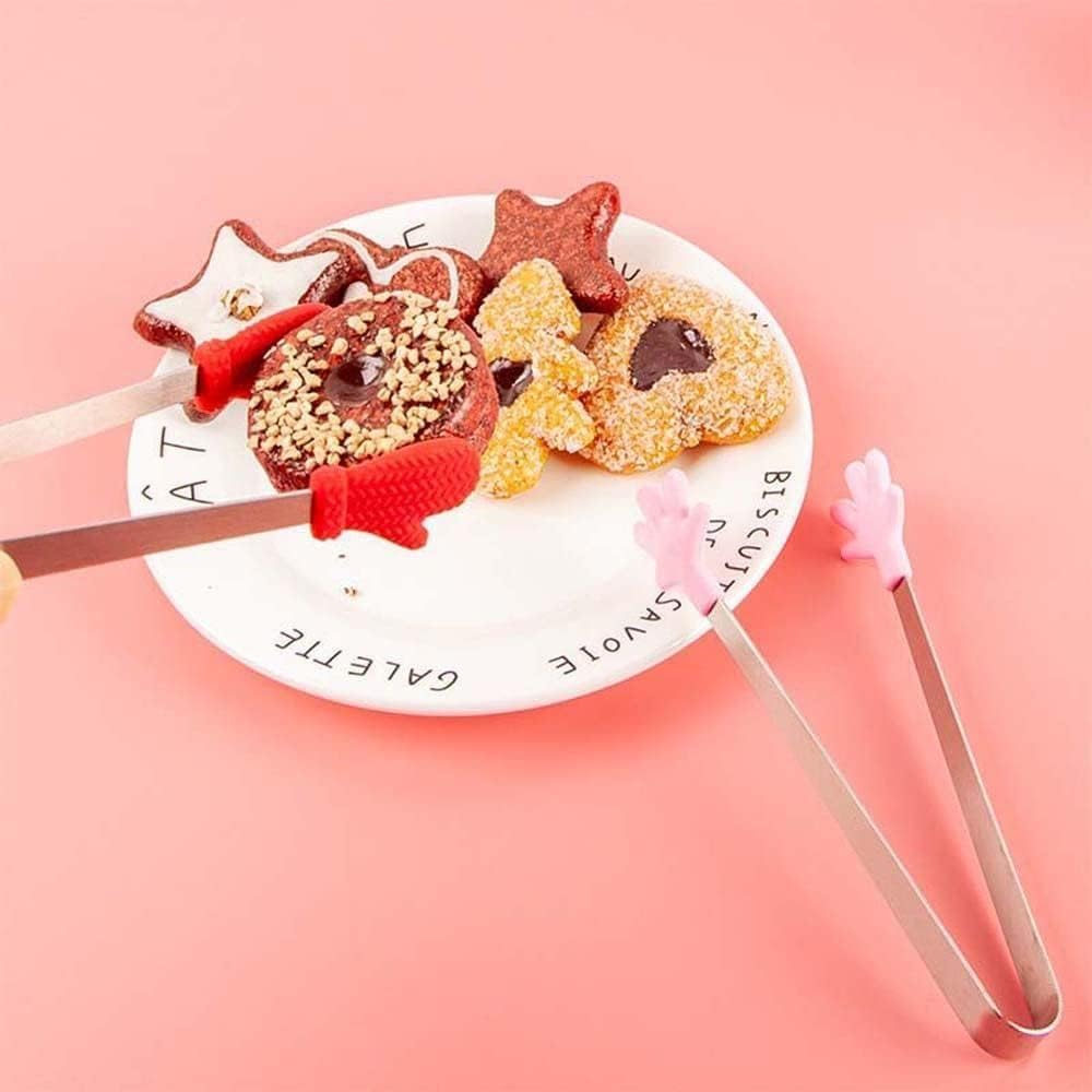 2Pcs Pink Mini Hand Shape Tong Silicone Food Tongs Stainless Steel Kitchen Tongs Small Kids for Sugar Cubes, Serving Food, Salad Buffet Cooking Utensils (Heart Shape)
