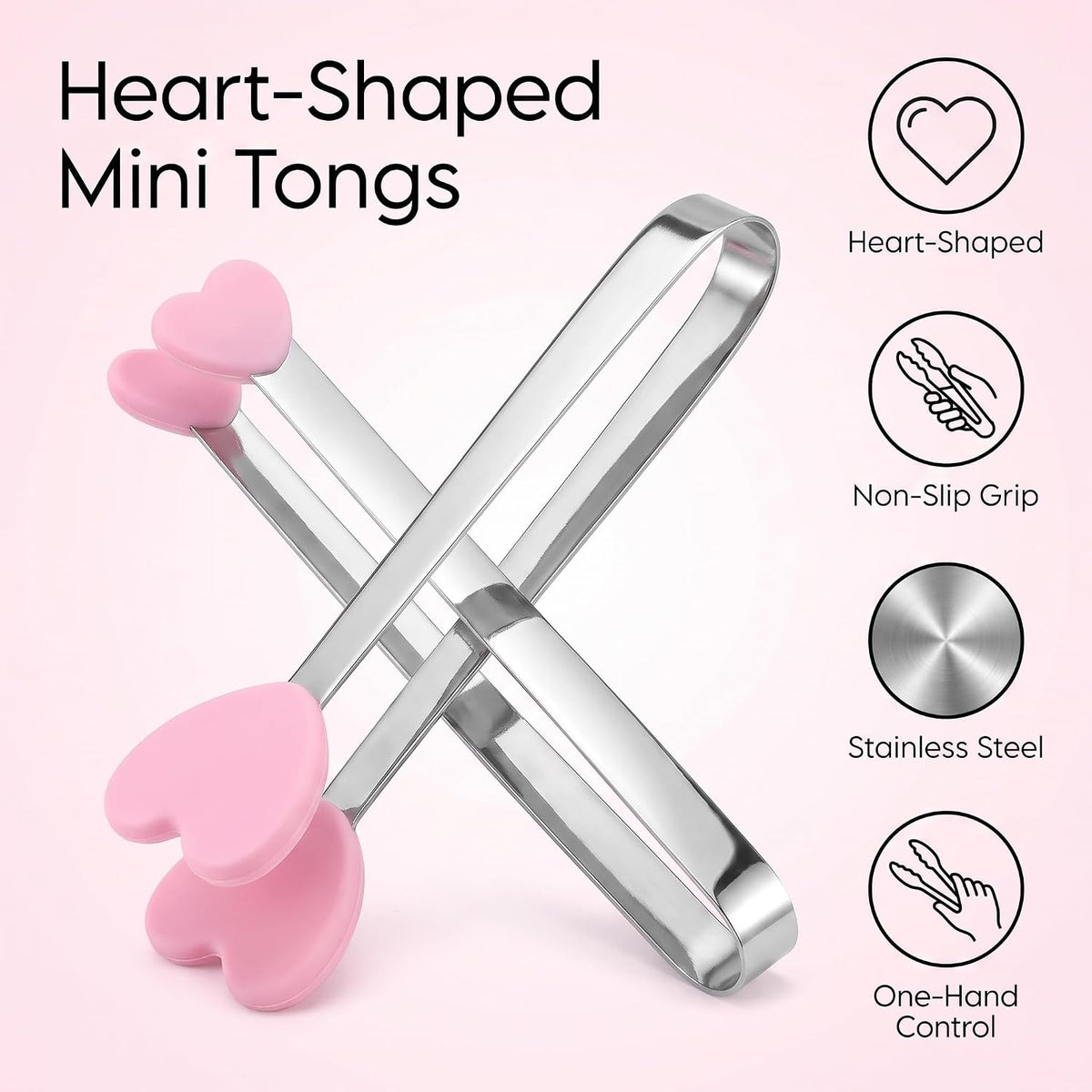 2Pcs Pink Mini Hand Shape Tong Silicone Food Tongs Stainless Steel Kitchen Tongs Small Kids for Sugar Cubes, Serving Food, Salad Buffet Cooking Utensils (Heart Shape)