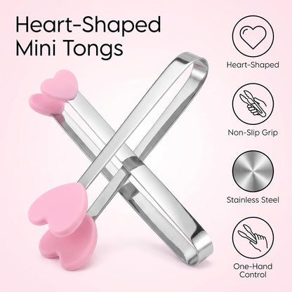 2Pcs Pink Mini Hand Shape Tong Silicone Food Tongs Stainless Steel Kitchen Tongs Small Kids for Sugar Cubes, Serving Food, Salad Buffet Cooking Utensils (Heart Shape)