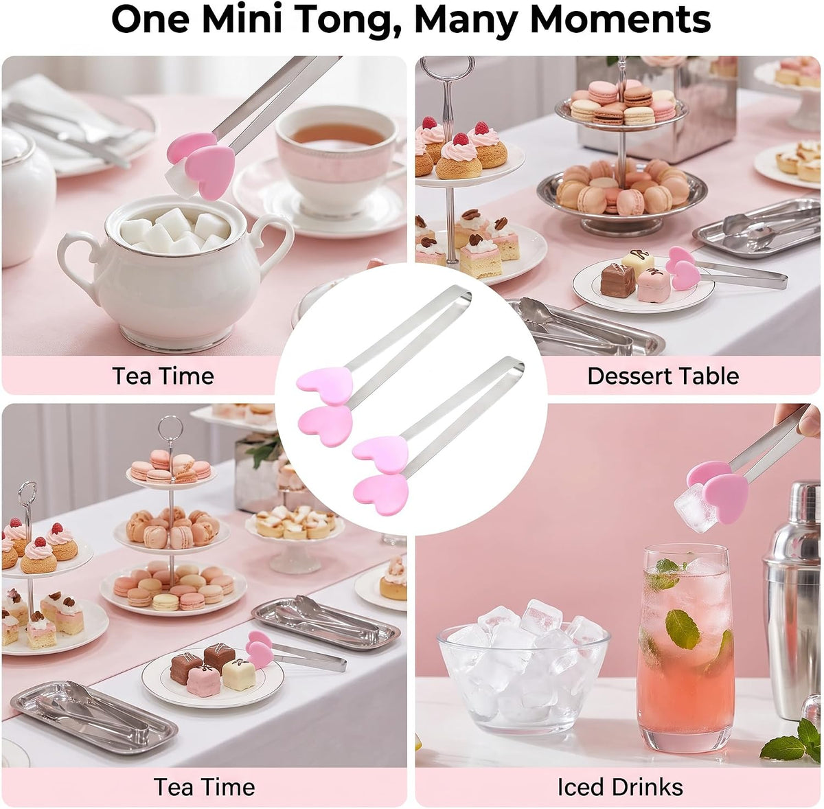 2Pcs Pink Mini Hand Shape Tong Silicone Food Tongs Stainless Steel Kitchen Tongs Small Kids for Sugar Cubes, Serving Food, Salad Buffet Cooking Utensils (Heart Shape)