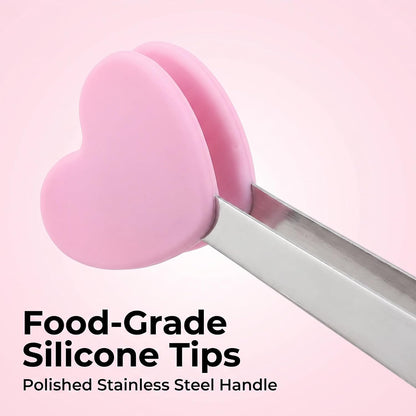 2Pcs Pink Mini Hand Shape Tong Silicone Food Tongs Stainless Steel Kitchen Tongs Small Kids for Sugar Cubes, Serving Food, Salad Buffet Cooking Utensils (Heart Shape)