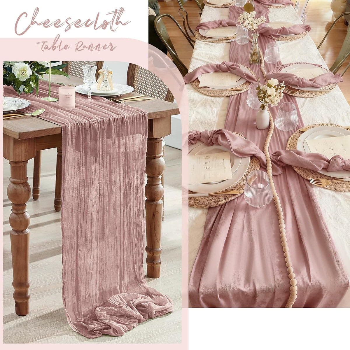 3 Pack Dusty Pink Cheesecloth Table Runner, 17 x 108 Inch, Gauze Cheese Cloth Table Runner Rustic Sheer Runner for Wedding Birthday Party Baby Shower Table Decor(Dusty Pink)