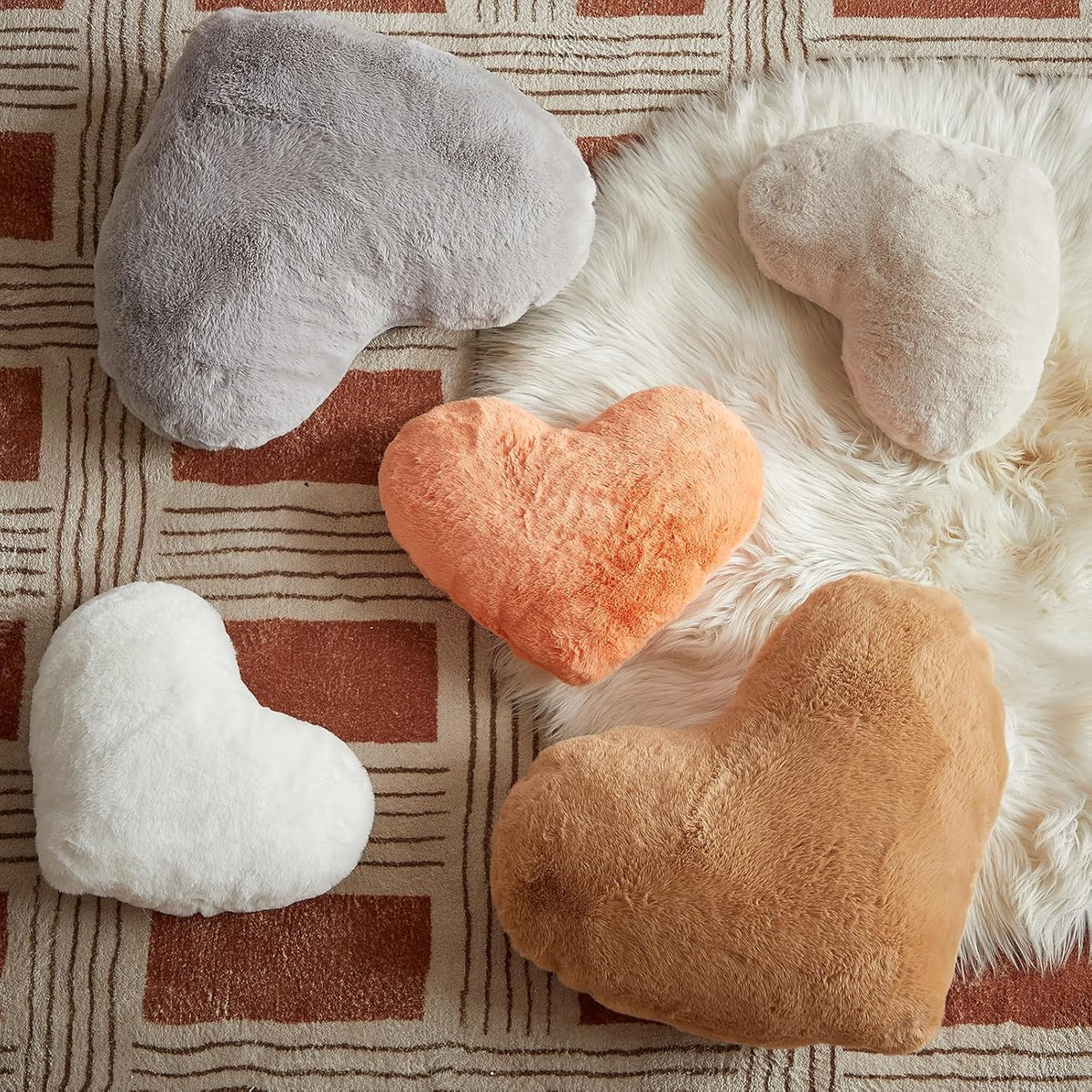 EastTree Heart Pillows, Pink Orange Heart Shaped Pillows, Love Throw Pillows Gifts, Ultra Soft Faux Rabbit Fur Small Cute Pillows, Women Girls Kid Room Decor 10x13 Inch