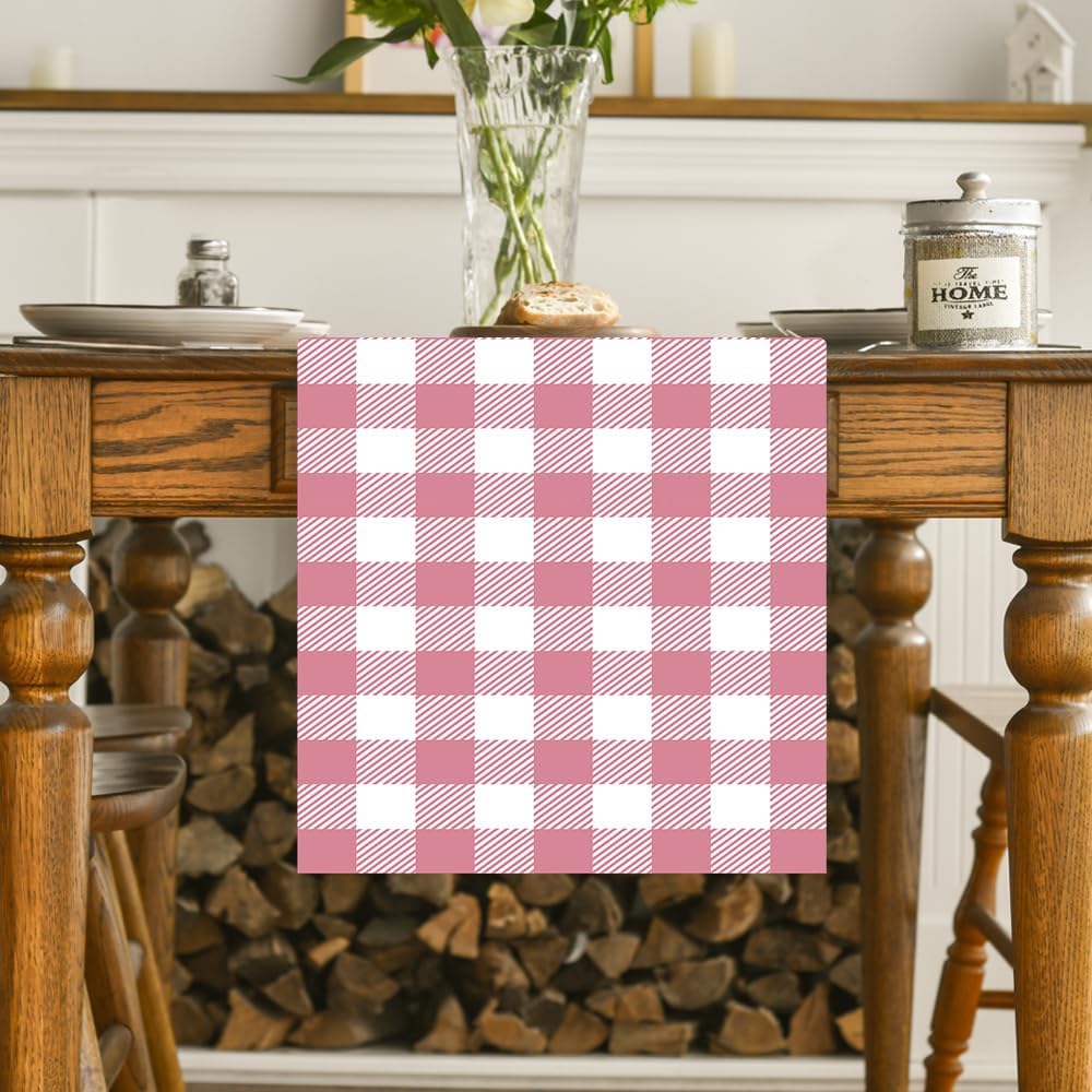 Pink and White Buffalo Plaid Table Runner 13x72 Inch