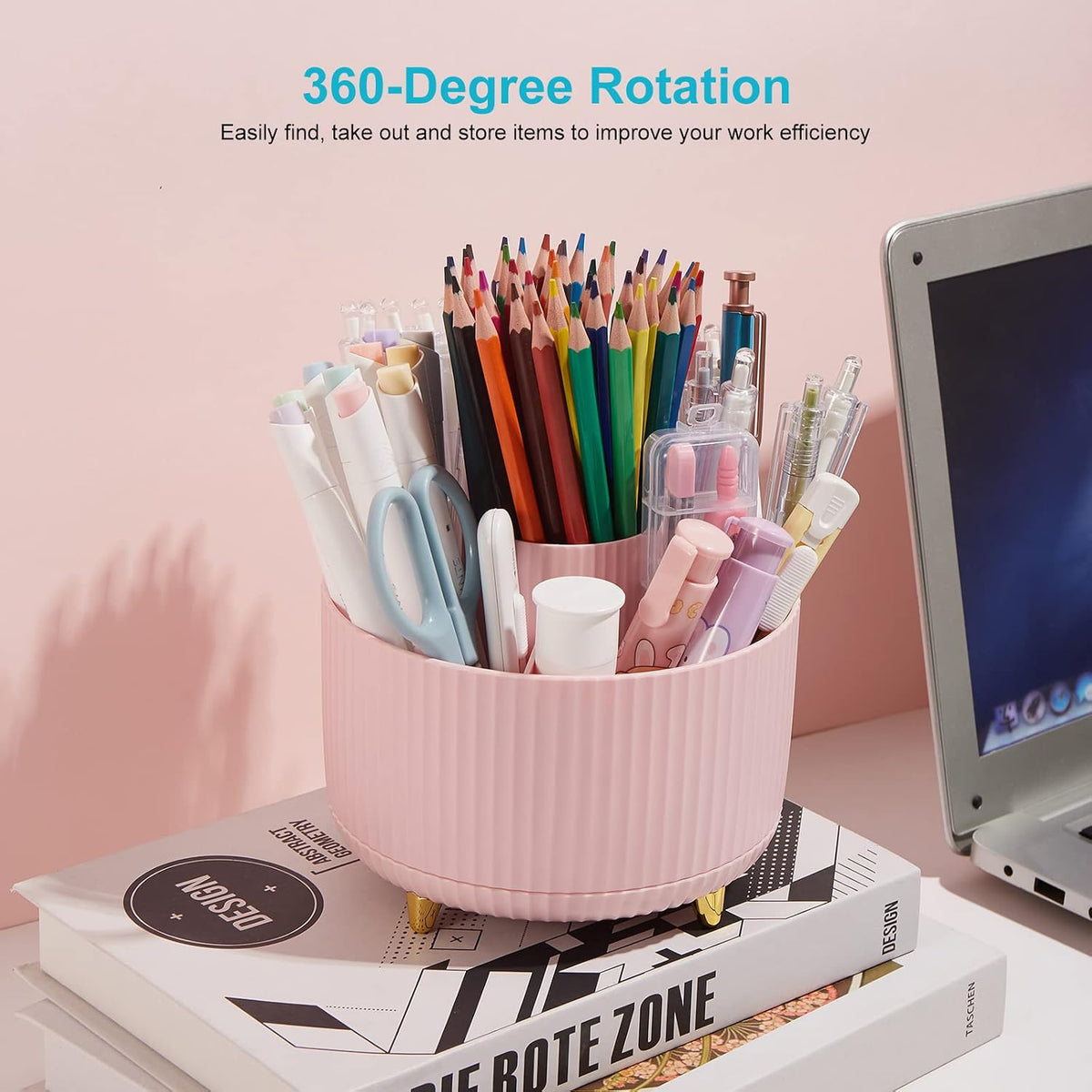 360 Degree Rotating Desk Pen/Pencil Holder, 5-Slot Organizer, Cute Pink Desk Accessory