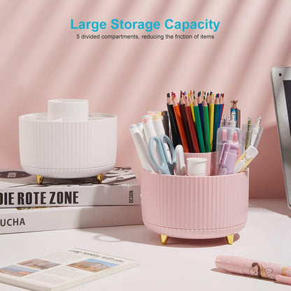 360 Degree Rotating Desk Pen/Pencil Holder, 5-Slot Organizer, Cute Pink Desk Accessory