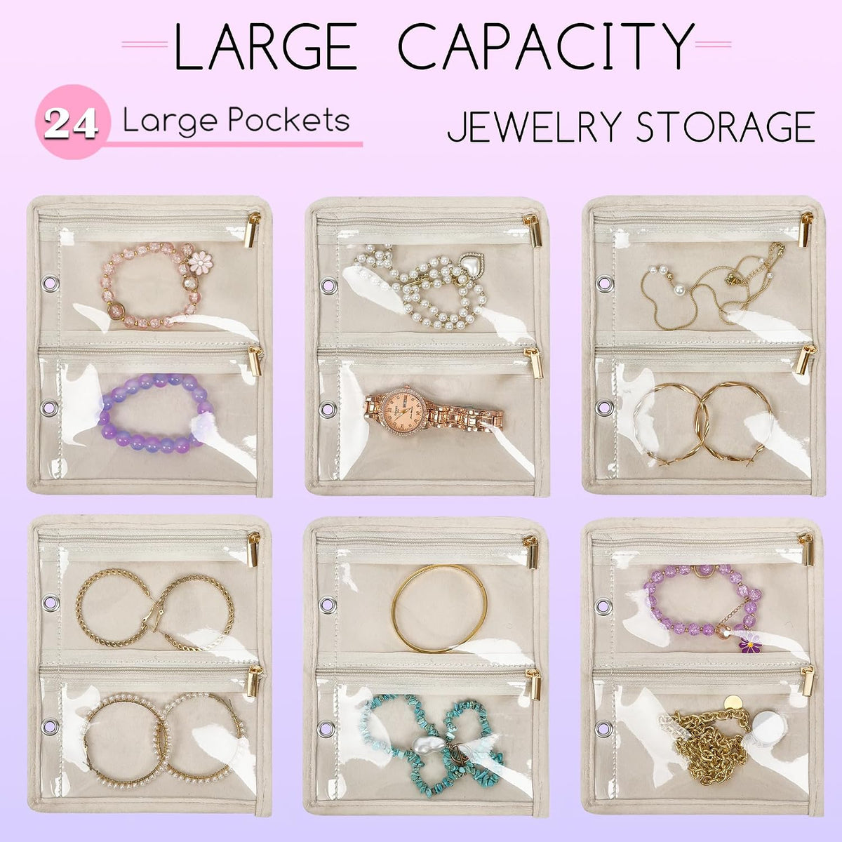 Travel Jewelry Organizer Case,Small Jewelry Bags for Traveling, Jewelry Binder with 24 Pcs Clear Zipper Velvet Pouches (Pink)