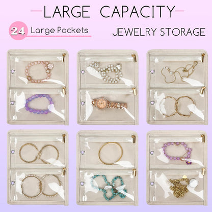 Travel Jewelry Organizer Case,Small Jewelry Bags for Traveling, Jewelry Binder with 24 Pcs Clear Zipper Velvet Pouches (Pink)