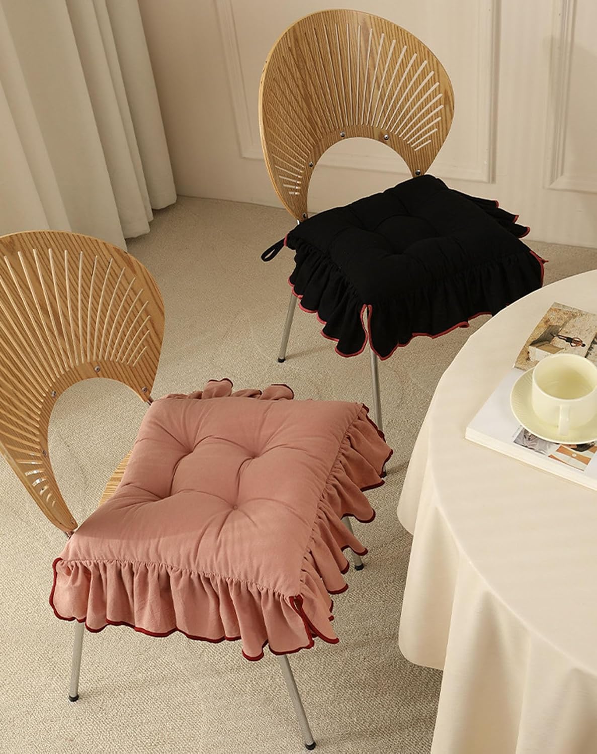 Cotton Ruffles Chair Cushion for Dining Chairs Soft Comfortable Chair Pads with Ties Farmhouse Country Seat Cushion for Kitchen Chairs Office Chairs (Pink,16"x16")