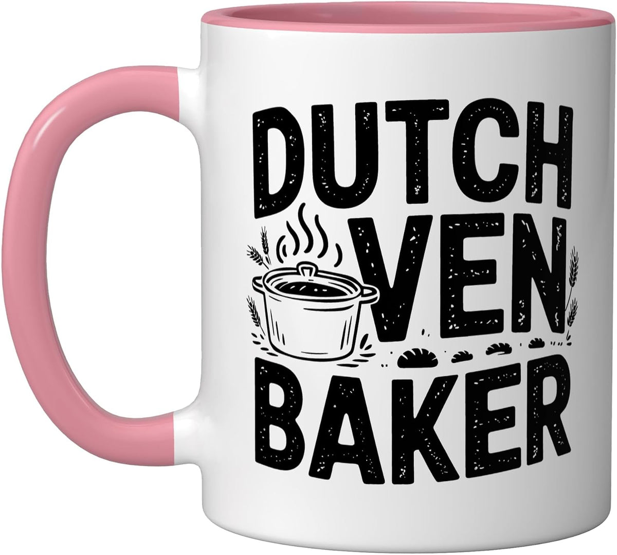 Dutch Oven Baker Vintage Rustic Badge Wheat Loaf Bread Ceramic Mug, Pink/White