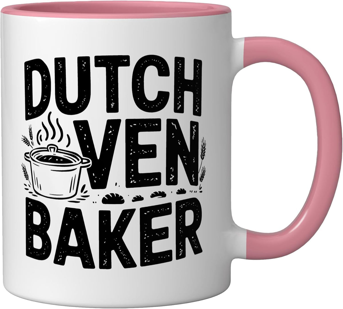 Dutch Oven Baker Vintage Rustic Badge Wheat Loaf Bread Ceramic Mug, Pink/White