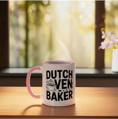 Dutch Oven Baker Vintage Rustic Badge Wheat Loaf Bread Ceramic Mug, Pink/White