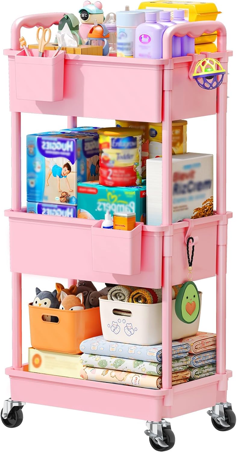Baby Diaper Caddy Cart, 3 Tier Rolling Diaper Cart for Nursery,Pink