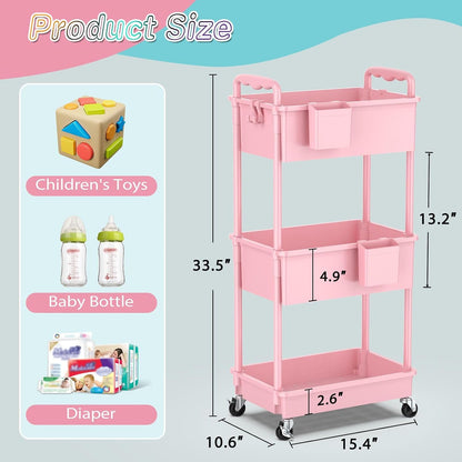 Baby Diaper Caddy Cart, 3 Tier Rolling Diaper Cart for Nursery,Pink