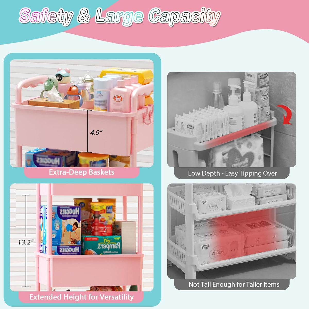 Baby Diaper Caddy Cart, 3 Tier Rolling Diaper Cart for Nursery,Pink