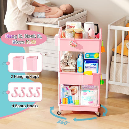 Baby Diaper Caddy Cart, 3 Tier Rolling Diaper Cart for Nursery,Pink