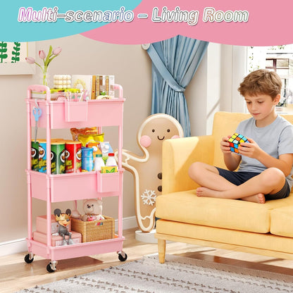 Baby Diaper Caddy Cart, 3 Tier Rolling Diaper Cart for Nursery,Pink