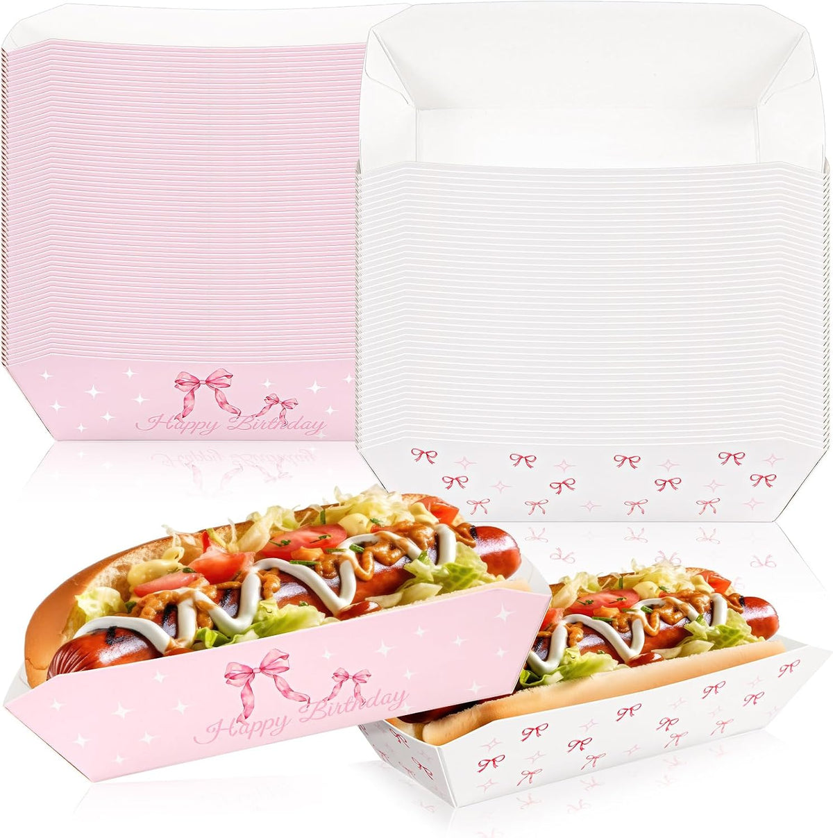 50 Pcs 7 Inch Pink Bow Hot Dog Trays, Disposable Paper Holders