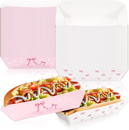 50 Pcs 7 Inch Pink Bow Hot Dog Trays, Disposable Paper Holders