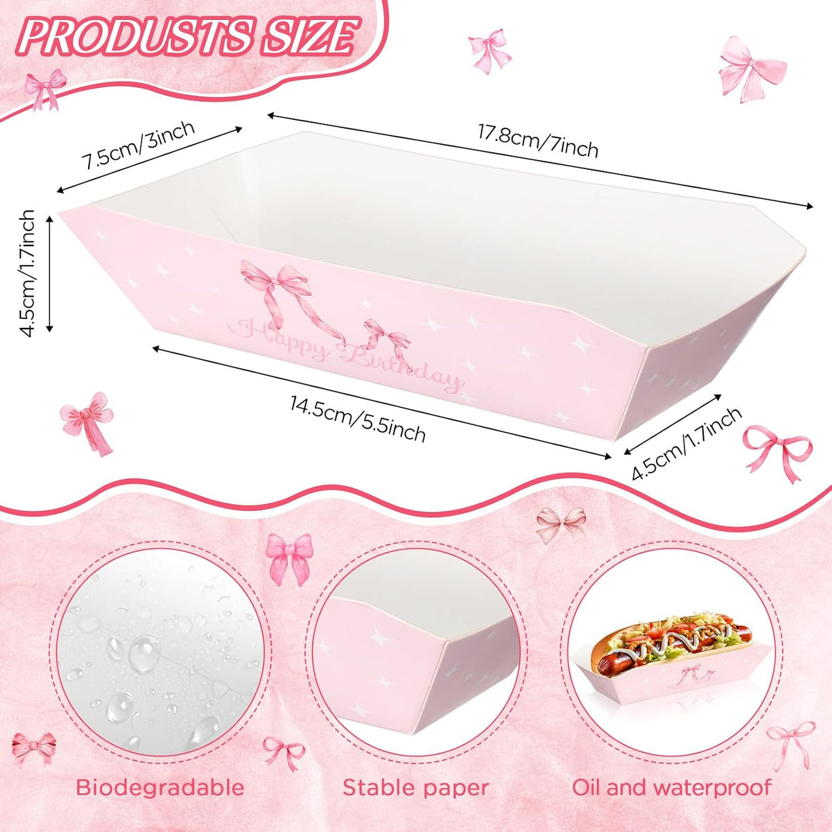 50 Pcs 7 Inch Pink Bow Hot Dog Trays, Disposable Paper Holders