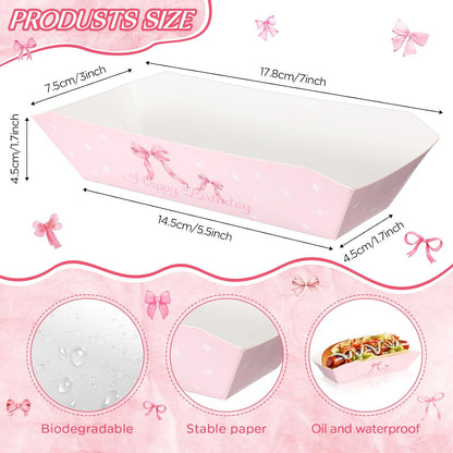 50 Pcs 7 Inch Pink Bow Hot Dog Trays, Disposable Paper Holders