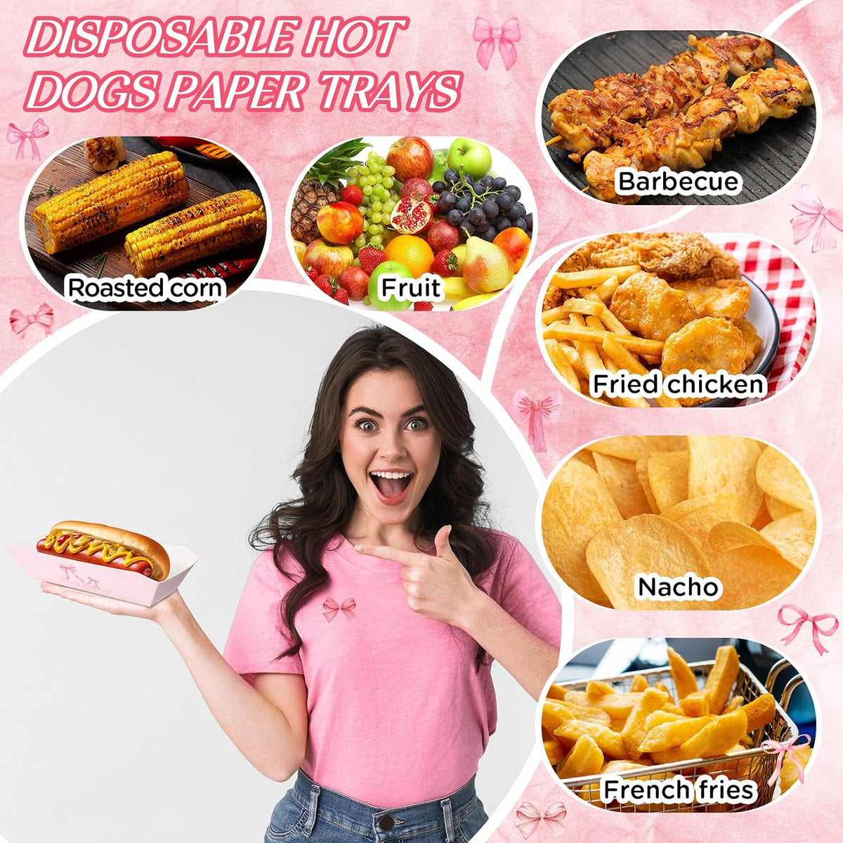 50 Pcs 7 Inch Pink Bow Hot Dog Trays, Disposable Paper Holders