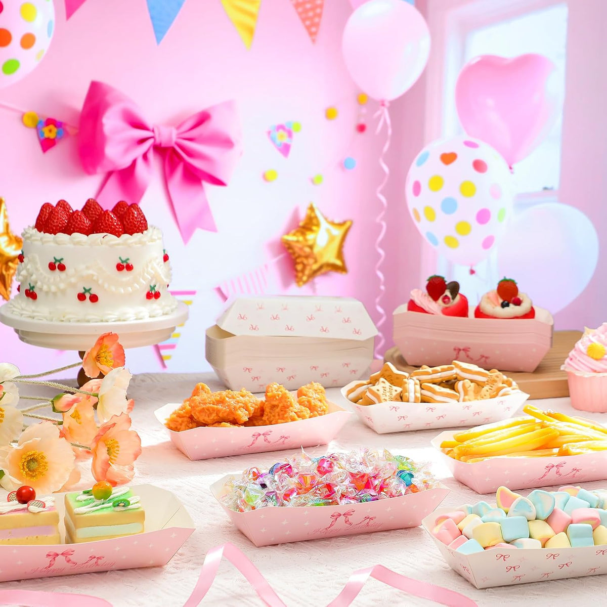 50 Pcs 7 Inch Pink Bow Hot Dog Trays, Disposable Paper Holders