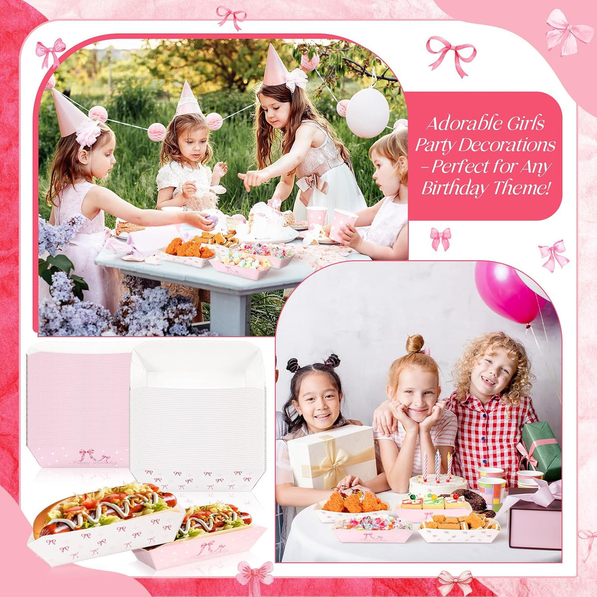50 Pcs 7 Inch Pink Bow Hot Dog Trays, Disposable Paper Holders