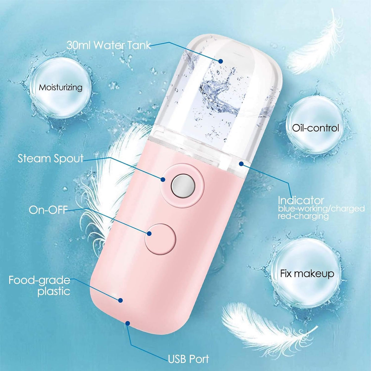 Nano Facial Steamer, Handy Mini Mister, USB Rechargeable Mist Sprayer, 30ml Visual Water Tank Moisturizing&Hydrating for Face, Daily Makeup, Skin Care, Eyelash Extensions-Pink