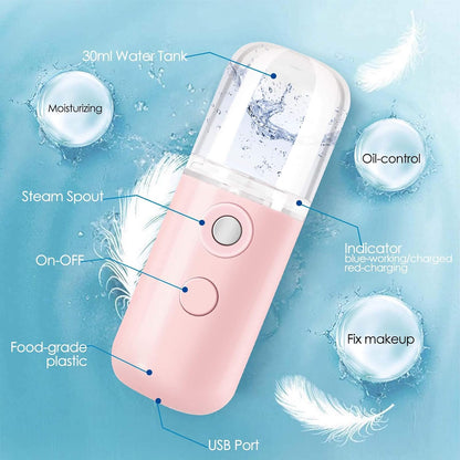 Nano Facial Steamer, Handy Mini Mister, USB Rechargeable Mist Sprayer, 30ml Visual Water Tank Moisturizing&Hydrating for Face, Daily Makeup, Skin Care, Eyelash Extensions-Pink