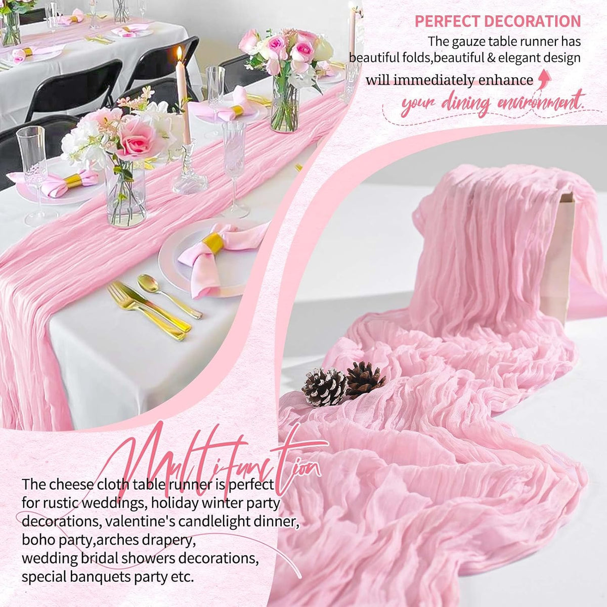30 Pack Cheesecloth Table Runner 10FT Light Pink Table Runner Boho Gauze Cheese Cloth Table Runners Long Rustic Sheer Table Decorations for Wedding Party Baby Bridal Shower Birthday Holiday Home