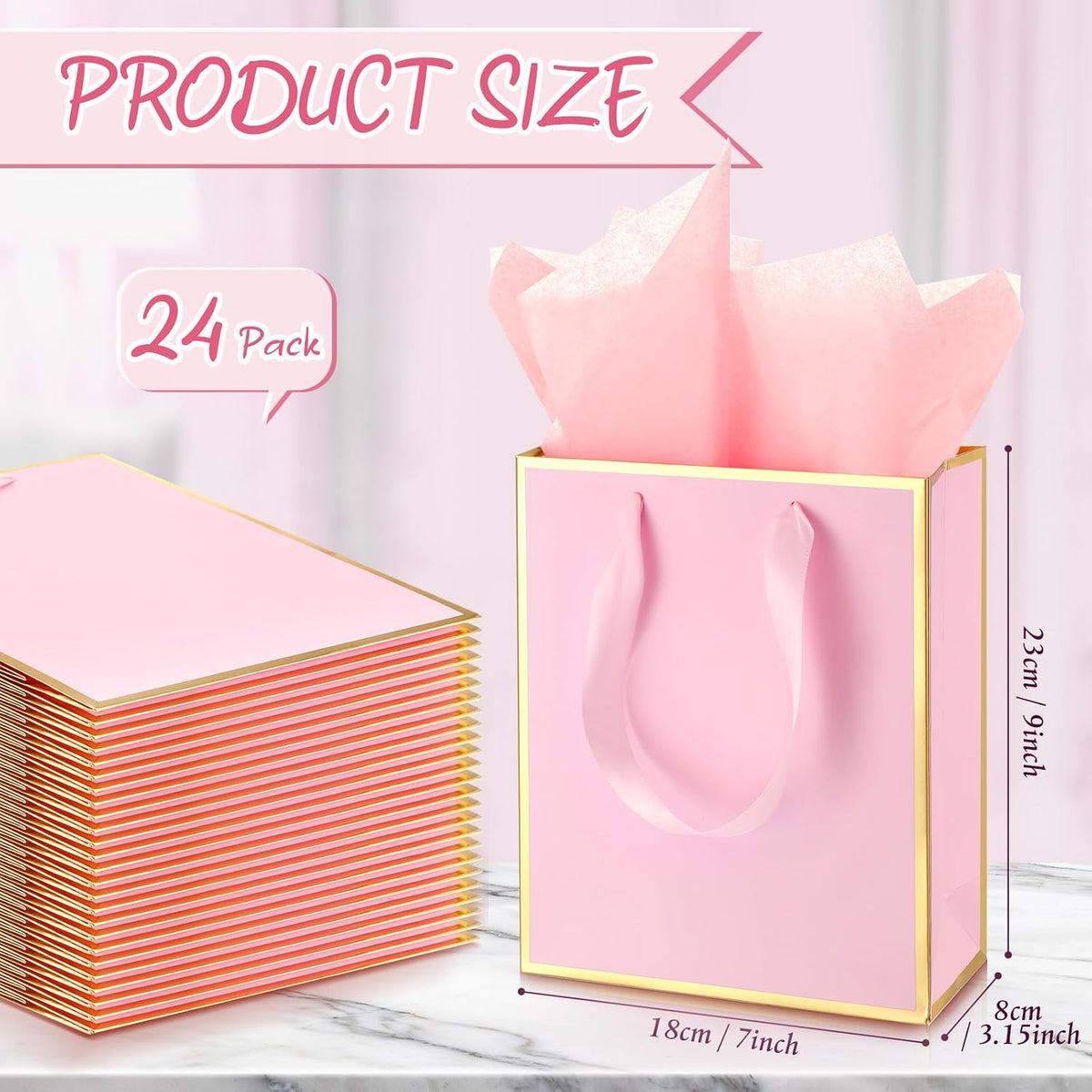 24 Pack Metallic Paper Gift Bag with Tissue, Pink Gold
