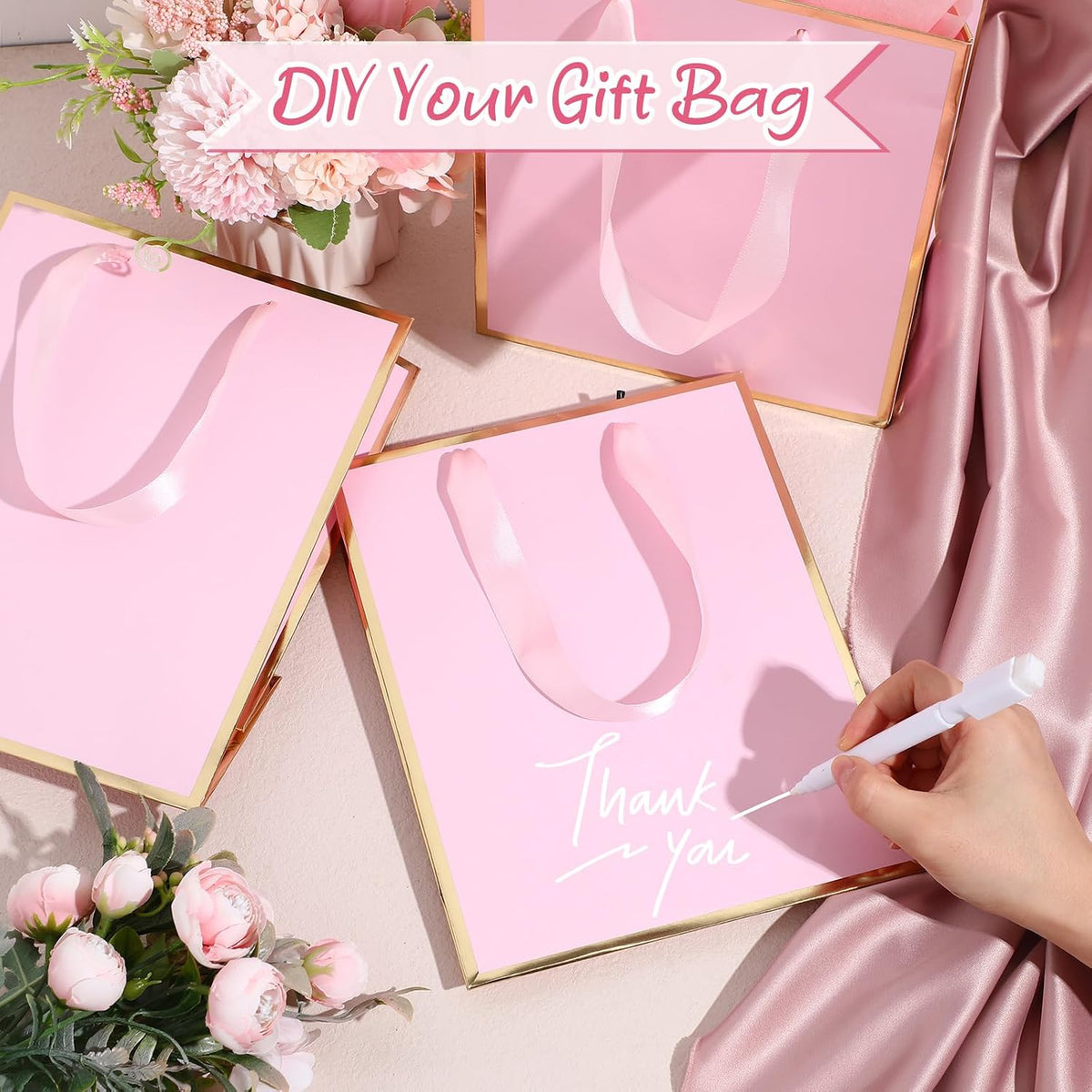 24 Pack Metallic Paper Gift Bag with Tissue, Pink Gold