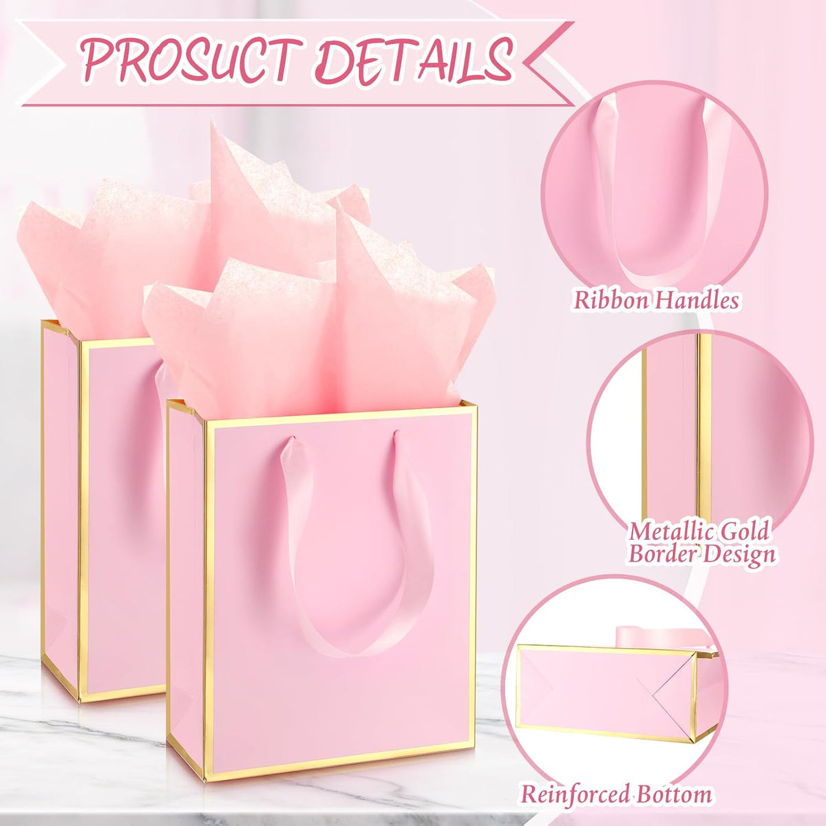 24 Pack Metallic Paper Gift Bag with Tissue, Pink Gold
