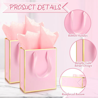 24 Pack Metallic Paper Gift Bag with Tissue, Pink Gold