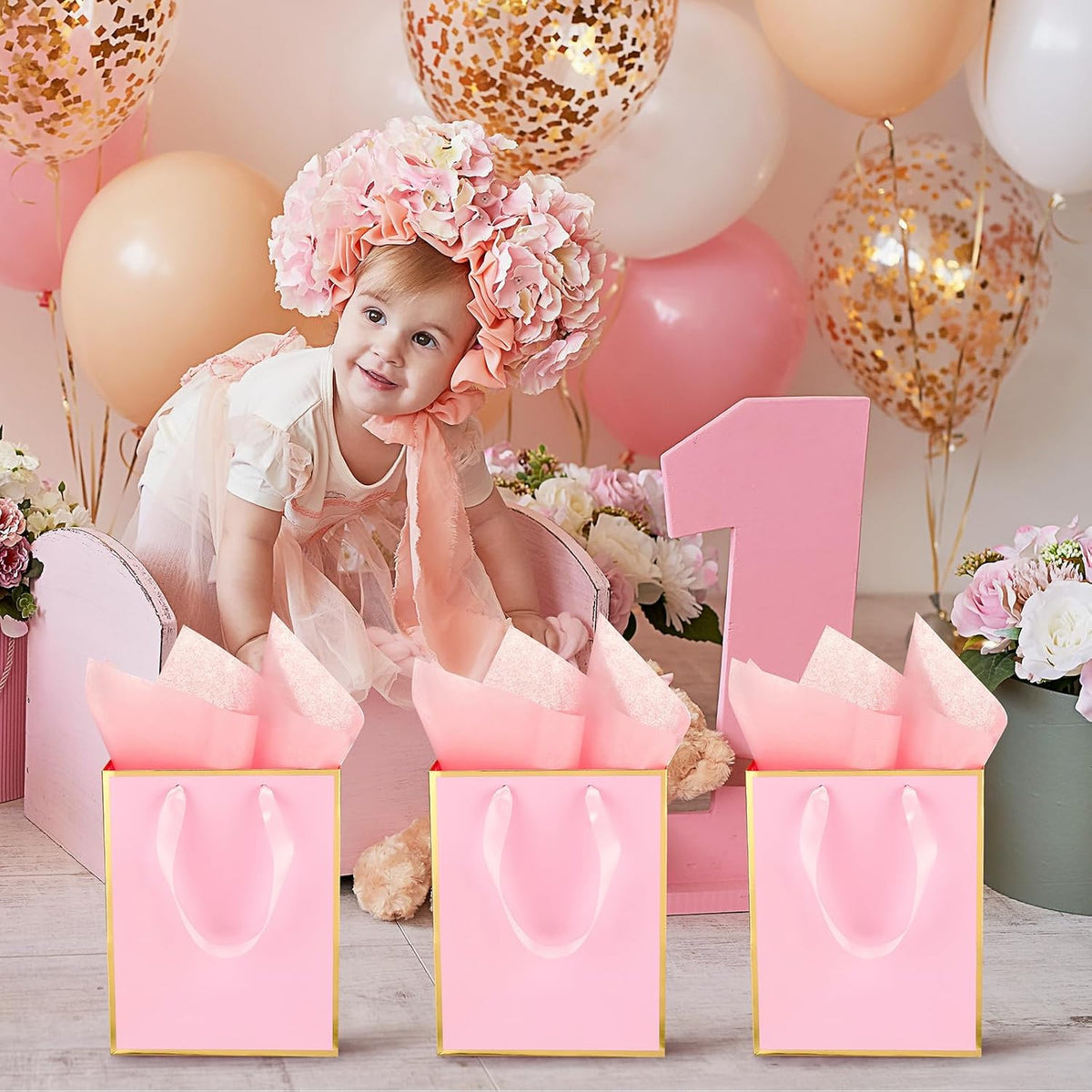 24 Pack Metallic Paper Gift Bag with Tissue, Pink Gold