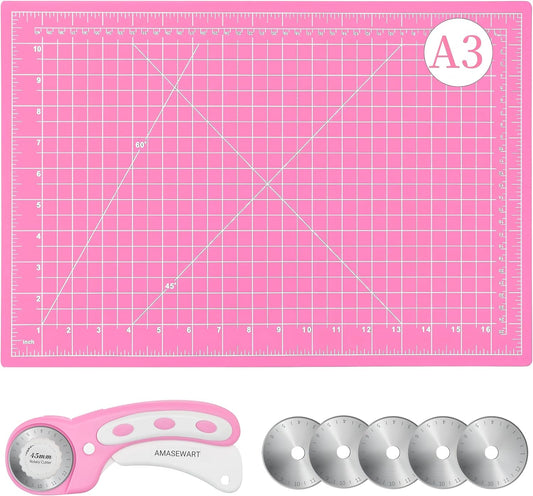 45mm Rotary Cutter and Mat Set, Fabric Cutter Wheel and 12x18 Inch Self Healing Sewing Cutting Mat, Fabric Rotary Cutter with 5pcs Rotary Blades for Quilting Patchworking Crafts, Pink