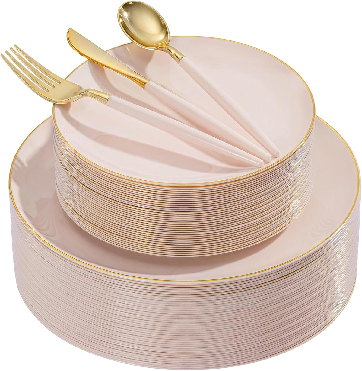 DaYammi 150Pcs Pink Plastic Plates with Gold Rim,Elegant Disposable Dinnerware with Gold Cutlery - 30 Dinner Plate,30 Dessert Plate,30 Knives,30 Forks,30 Spoons,Fancy Pink Plates for Party Wedding