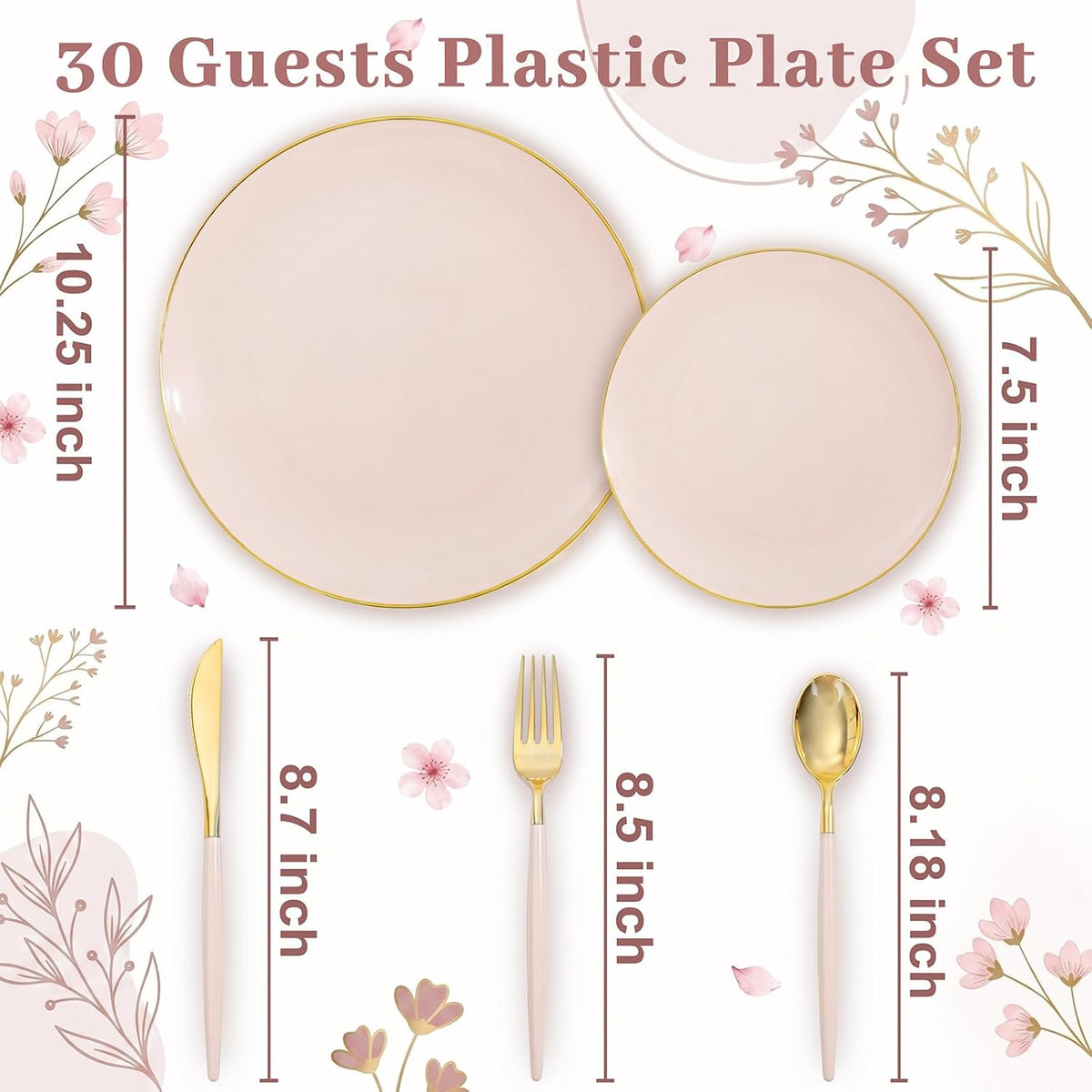 DaYammi 150Pcs Pink Plastic Plates with Gold Rim,Elegant Disposable Dinnerware with Gold Cutlery - 30 Dinner Plate,30 Dessert Plate,30 Knives,30 Forks,30 Spoons,Fancy Pink Plates for Party Wedding