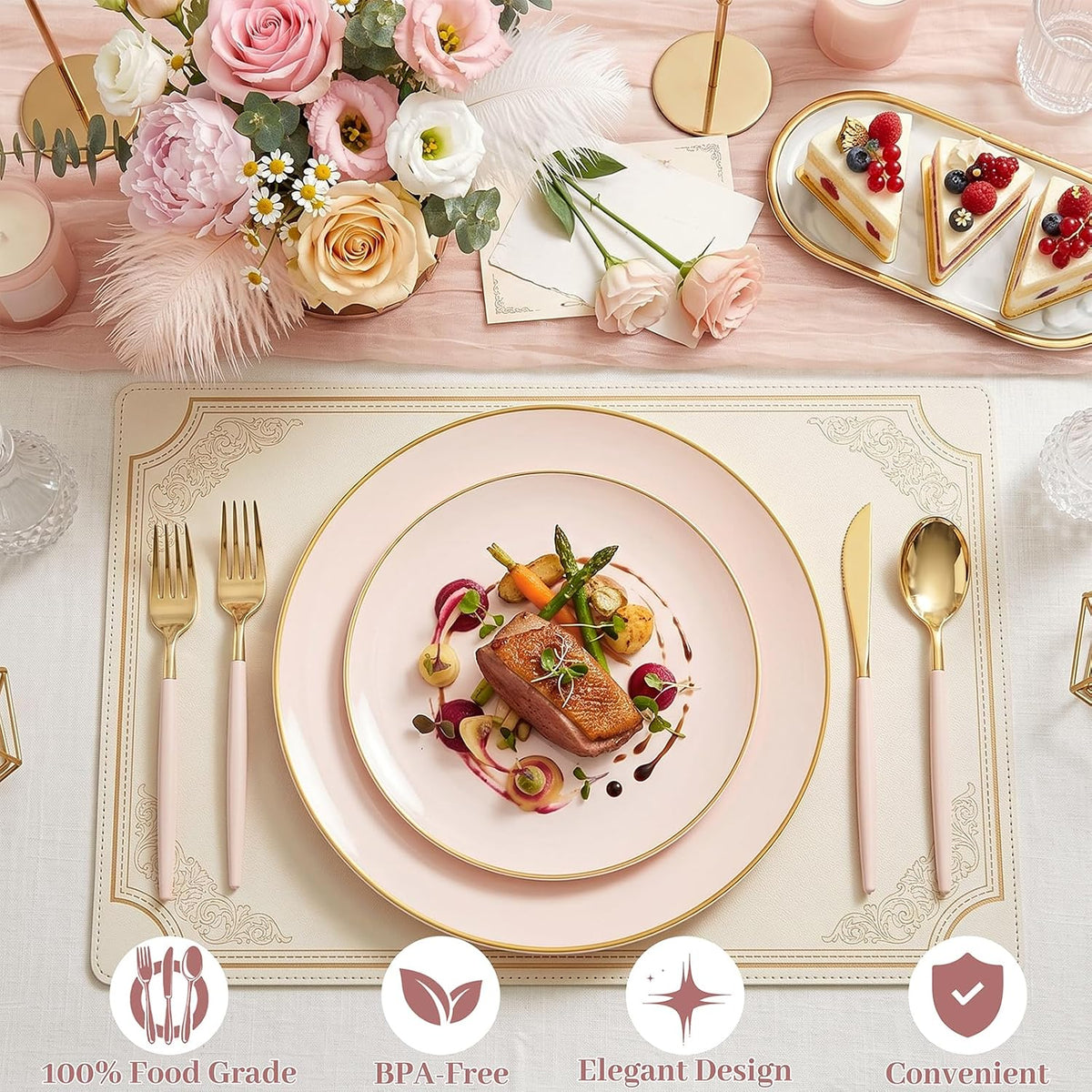 DaYammi 150Pcs Pink Plastic Plates with Gold Rim,Elegant Disposable Dinnerware with Gold Cutlery - 30 Dinner Plate,30 Dessert Plate,30 Knives,30 Forks,30 Spoons,Fancy Pink Plates for Party Wedding