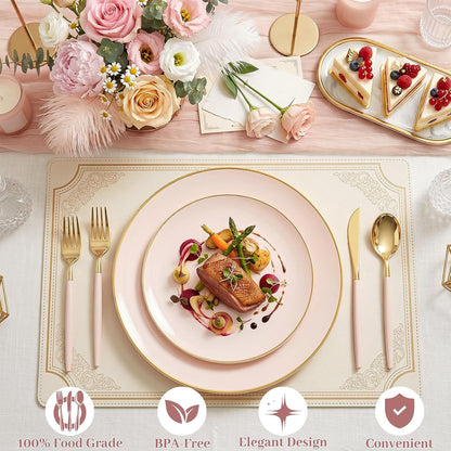 DaYammi 150Pcs Pink Plastic Plates with Gold Rim,Elegant Disposable Dinnerware with Gold Cutlery - 30 Dinner Plate,30 Dessert Plate,30 Knives,30 Forks,30 Spoons,Fancy Pink Plates for Party Wedding