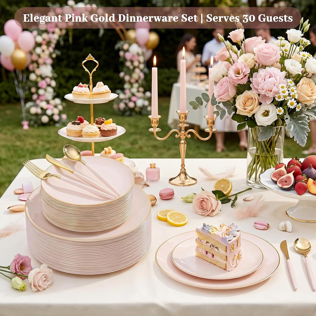 DaYammi 150Pcs Pink Plastic Plates with Gold Rim,Elegant Disposable Dinnerware with Gold Cutlery - 30 Dinner Plate,30 Dessert Plate,30 Knives,30 Forks,30 Spoons,Fancy Pink Plates for Party Wedding