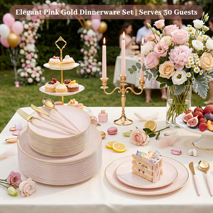 DaYammi 150Pcs Pink Plastic Plates with Gold Rim,Elegant Disposable Dinnerware with Gold Cutlery - 30 Dinner Plate,30 Dessert Plate,30 Knives,30 Forks,30 Spoons,Fancy Pink Plates for Party Wedding