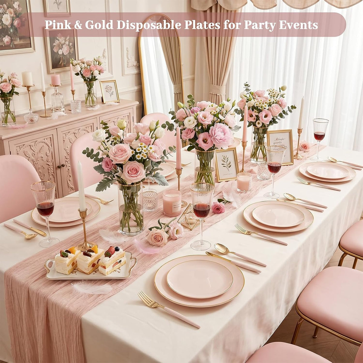 DaYammi 150Pcs Pink Plastic Plates with Gold Rim,Elegant Disposable Dinnerware with Gold Cutlery - 30 Dinner Plate,30 Dessert Plate,30 Knives,30 Forks,30 Spoons,Fancy Pink Plates for Party Wedding